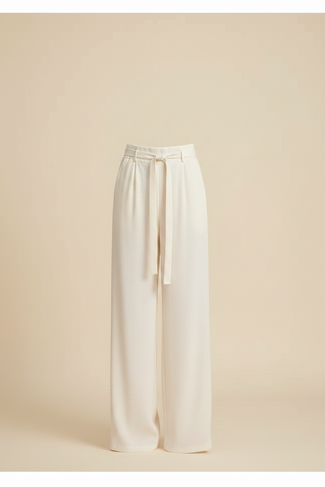 Pantalon Fluide Écru Ample Ceinturé Élégant Femme - Beige Viscose - vue 3