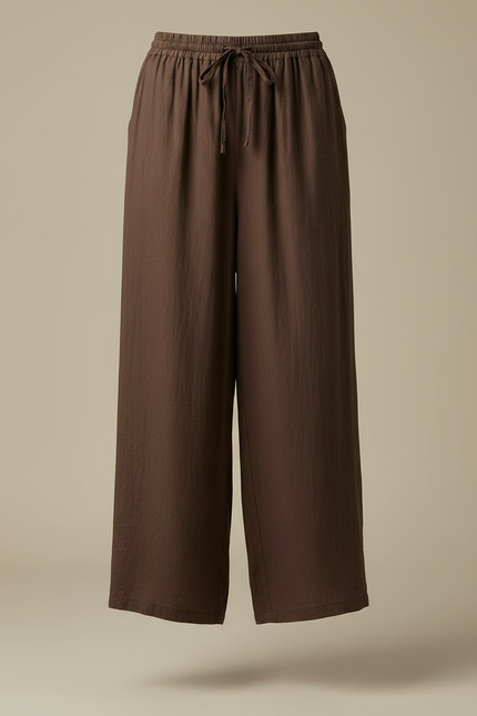 Pantalon Fluide Marron Ample Lin Cordon Décontracté - vue 3