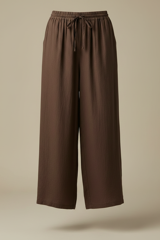 Pantalon Fluide Marron Ample Lin Cordon Décontracté - vue 3