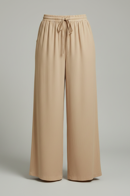Pantalon Fluide Beige Large Taille Haute Cordon - Viscose - vue 3
