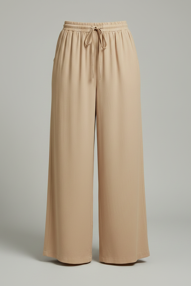 Pantalon Fluide Beige Large Taille Haute Cordon - Viscose - vue 3