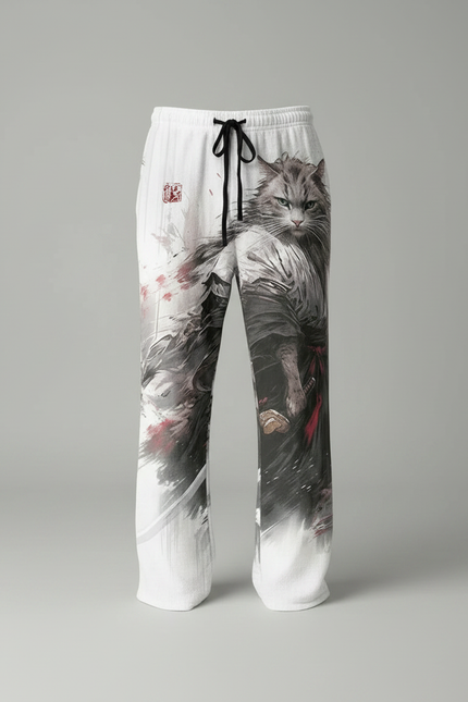 Pantalon Fluide Blanc Ample Imprimé Chat Samouraï - Lin - vue 3