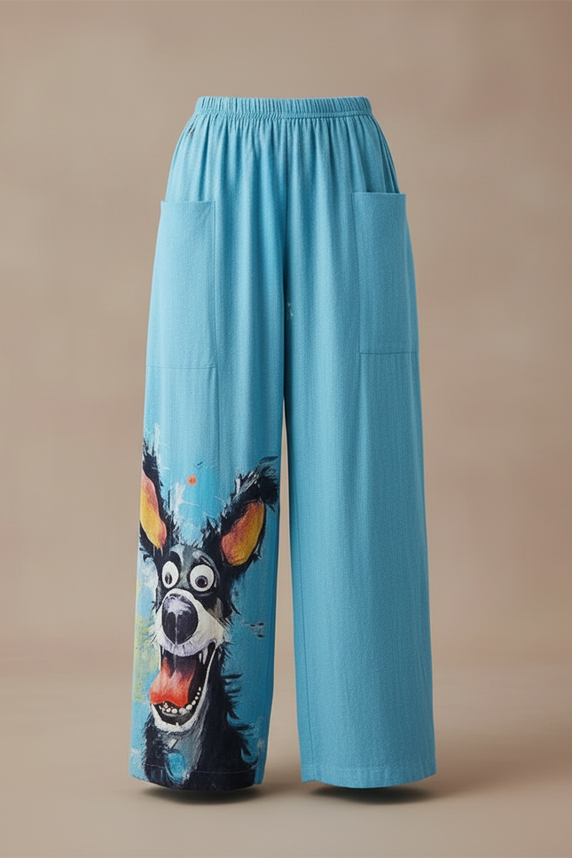 Pantalon Fluide Bleu Ample Imprimé Chiens Coloré Décontracté - Viscose - vue 3