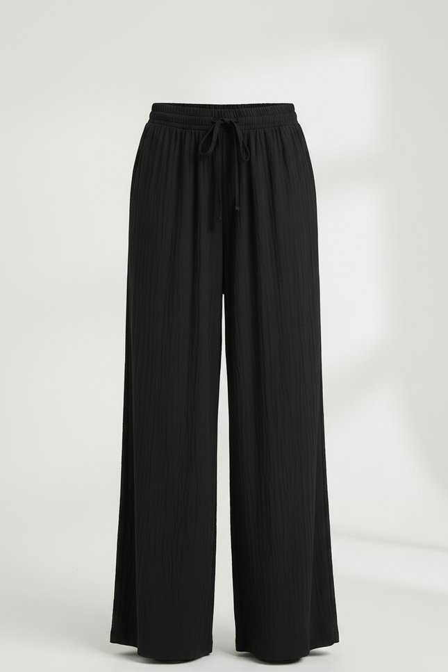 Pantalon Fluide Noir Ample Coton Texturé Décontracté - vue 3
