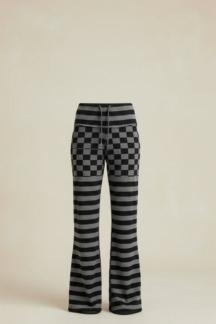 Pantalon Fluide Noir Gris Rayé Carreaux Évasé Décontracté - Multicolore Maille - vue 3