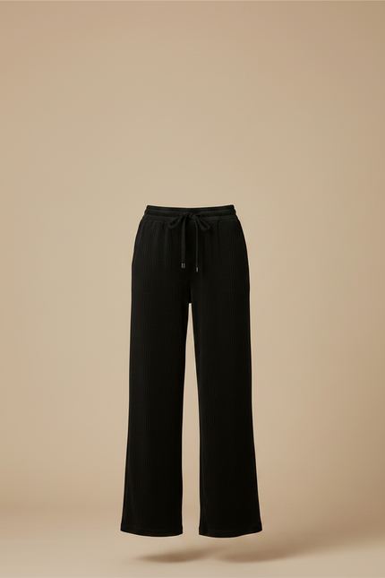 Pantalon Fluide Noir Ample Côtelé Taille Élastique Décontracté - Cordé - vue 3