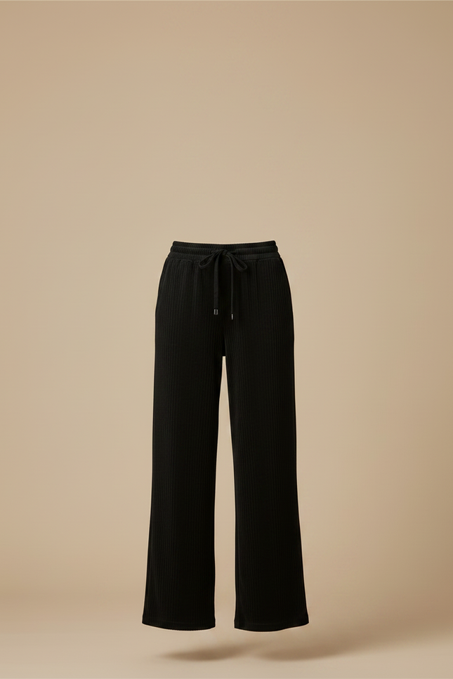 Pantalon Fluide Noir Ample Côtelé Taille Élastique Décontracté - Cordé - vue 3