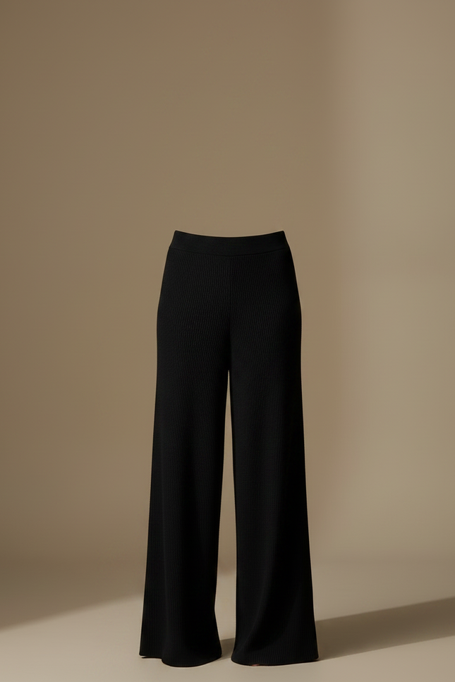 Pantalon Fluide Noir Ample Maille Côtelée Élégant - vue 3