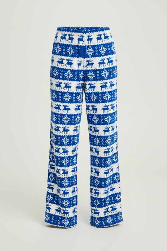 Pantalon Fluide Bleu Noël Imprimé Renne Confortable - Molleton - vue 3