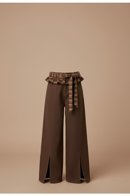 Pantalon Fluide Marron Ample Ceinture Plaid Fille - Gabardine - vue 3