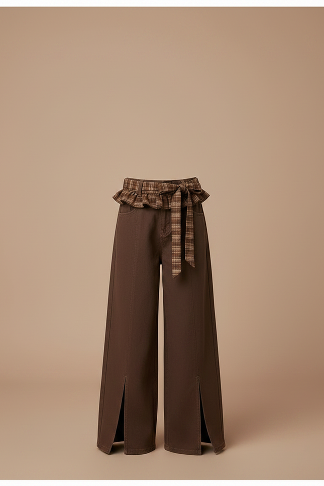 Pantalon Fluide Marron Ample Ceinture Plaid Fille - Gabardine - vue 3