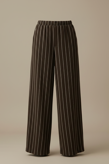 Pantalon Fluide Marron Rayé Ample Taille Haute Élégant - Laine - vue 3