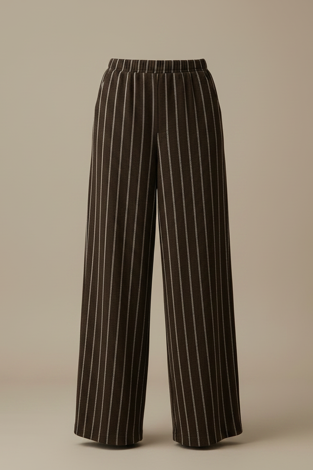 Pantalon Fluide Marron Rayé Ample Taille Haute Élégant - Laine - vue 3
