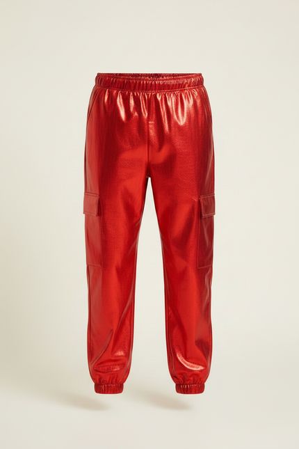 Pantalon Fluide Rouge Métallique Brillant Cargo Enfant - Polyester - vue 3