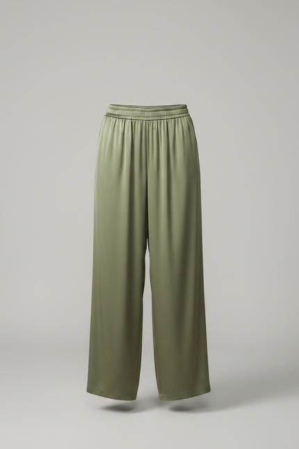 Pantalon Fluide Vert Ample Satiné Élégant Femme - Kaki - vue 3