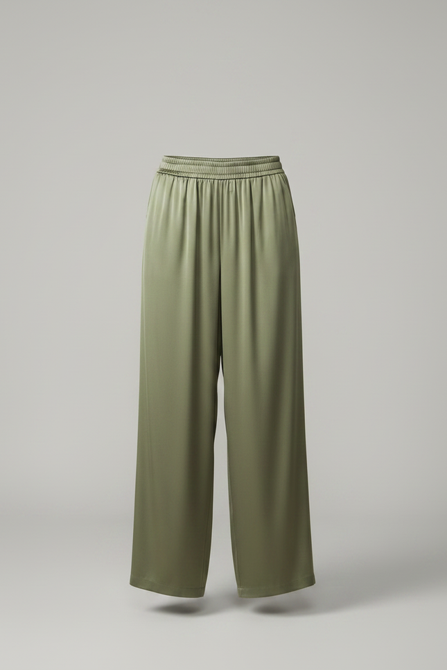 Pantalon Fluide Vert Ample Satiné Élégant Femme - Kaki - vue 3