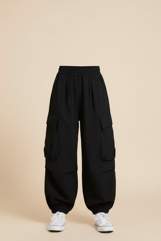 Pantalon Fluide Noir Ample Cargo Élastiqué Fille - Polyester - vue 3