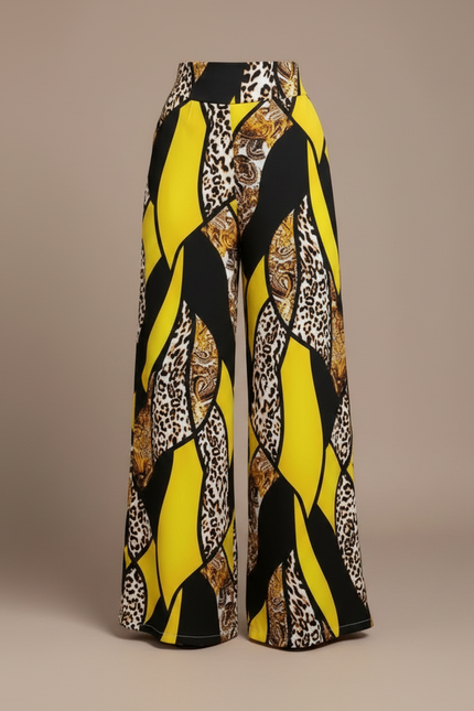 Pantalon Fluide Jaune Imprimé Léopard Ample Élégant - Viscose - vue 3