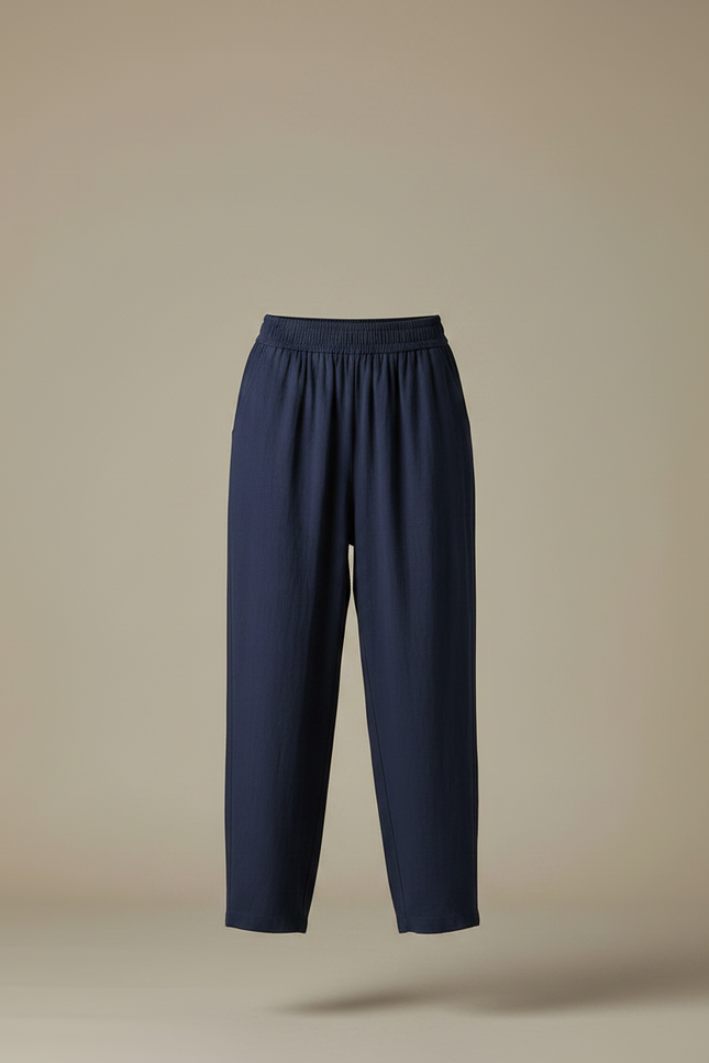 Pantalon Fluide Bleu Marine Ample Décontracté Lin Coton - vue 3