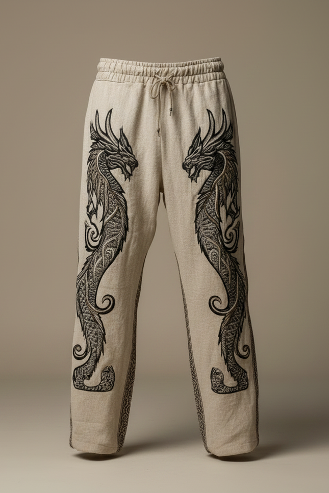 Pantalon Fluide Beige Brodé Dragon Ample Cordon Homme - Lin - vue 3