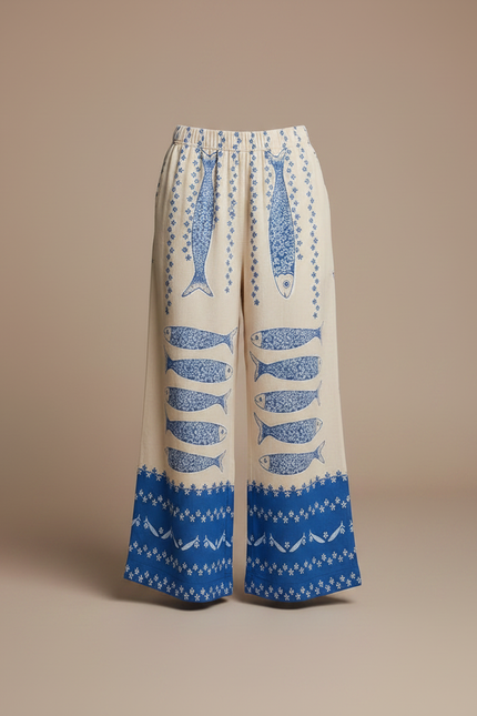 Pantalon Fluide Beige Imprimé Poissons Bleus Ample Décontracté - Lin - vue 3