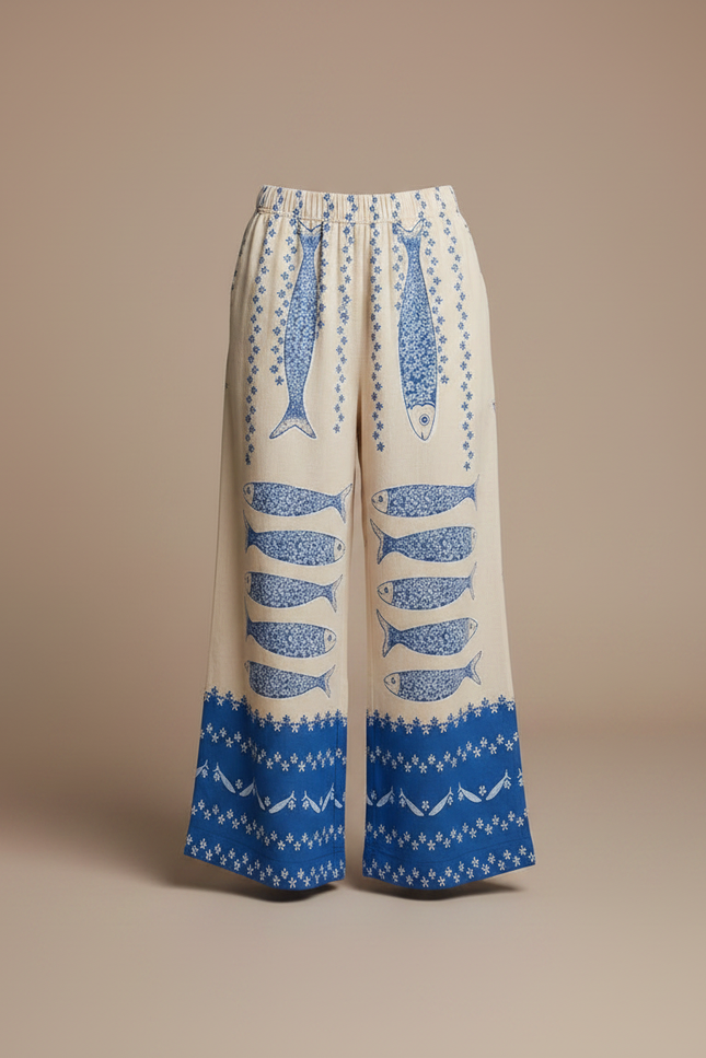 Pantalon Fluide Beige Imprimé Poissons Bleus Ample Décontracté - Lin - vue 3