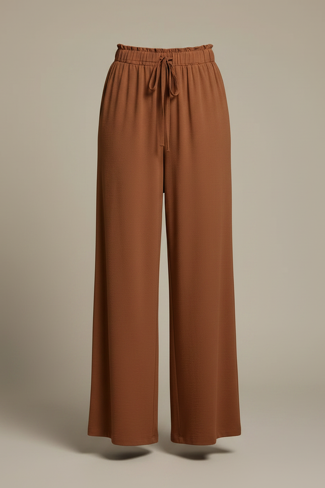 Pantalon Fluide Marron Ample Taille Haute Cordon - Viscose - vue 3