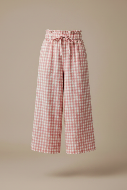 Pantalon Fluide Carreaux Vichy Rose Ample Ceinture Nouée - Lin - vue 3