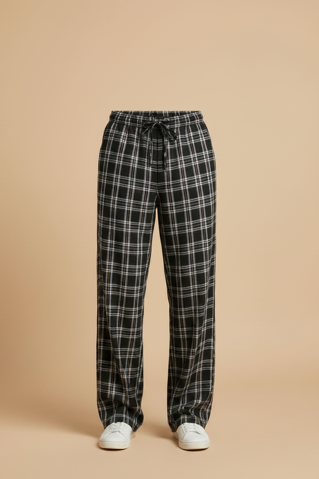Pantalon Fluide Carreaux Noir Ample Cordon Décontracté Homme - Maille - vue 3
