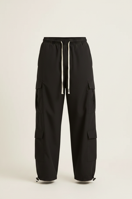 Pantalon Fluide Noir Ample Cargo Cordon Décontracté Homme - Polyester - vue 3