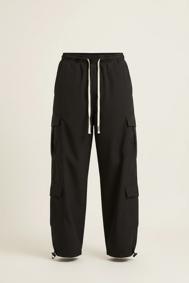 Pantalon Fluide Noir Ample Cargo Cordon Décontracté Homme - Polyester - vue 3