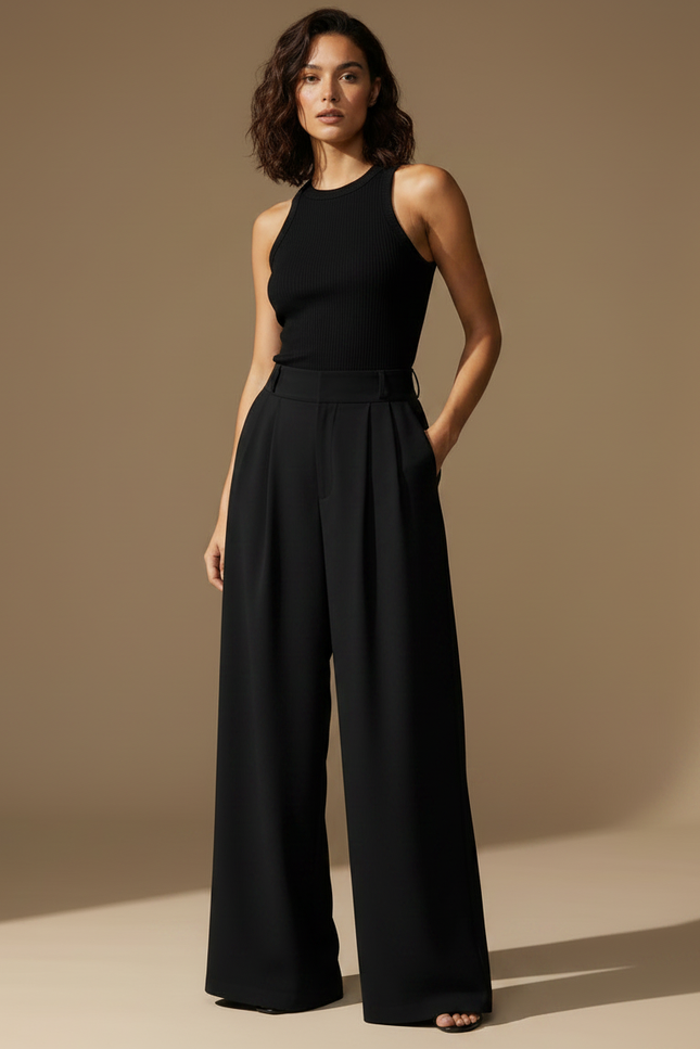 Pantalon Taille Haute Fluide Chic - Noir Polyester - vue 3
