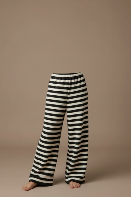 Pantalon Fluide Rayé Noir Blanc Ample Tricoté - Multicolore Molleton - vue 3