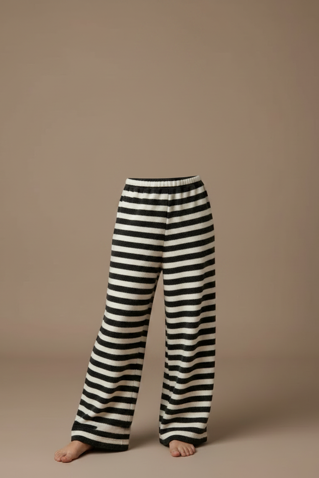 Pantalon Fluide Rayé Noir Blanc Ample Tricoté - Multicolore Molleton - vue 3