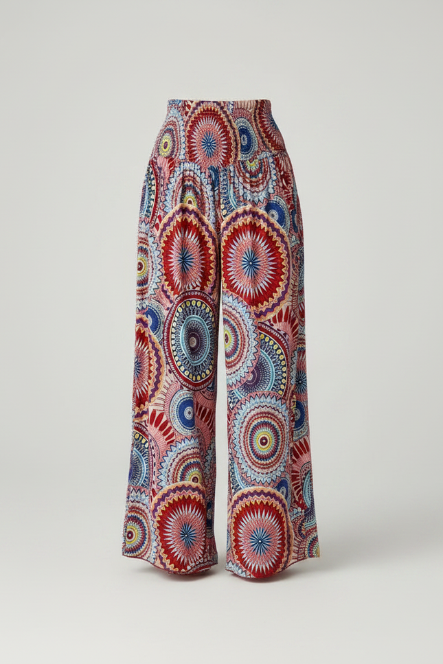 Pantalon Fluide Imprimé Tribal Bohème Ample Évasé Coloré - Multicolore Viscose - vue 3