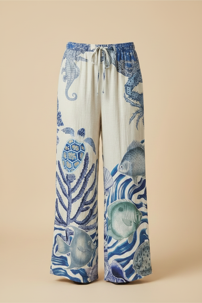 Pantalon Fluide Imprimé Marin Ample Décontracté Écru - Lin - vue 3
