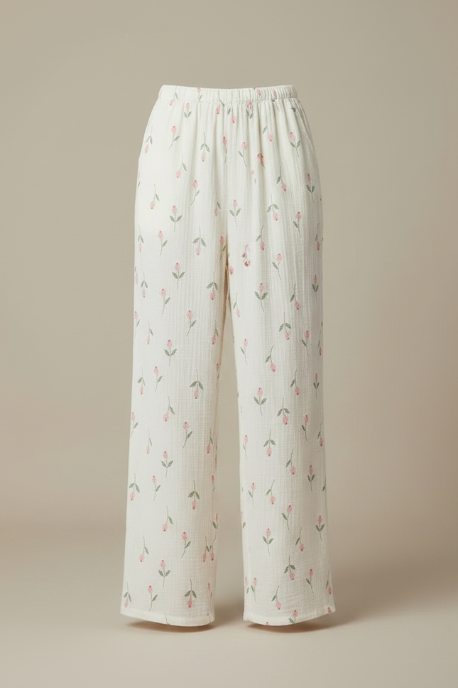Pantalon Fluide Blanc Imprimé Floral Coton Ample Décontracté - vue 3