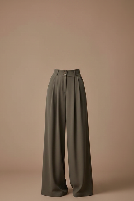 Pantalon Fluide Kaki Taille Haute Ample Élégant - Polyester - vue 3