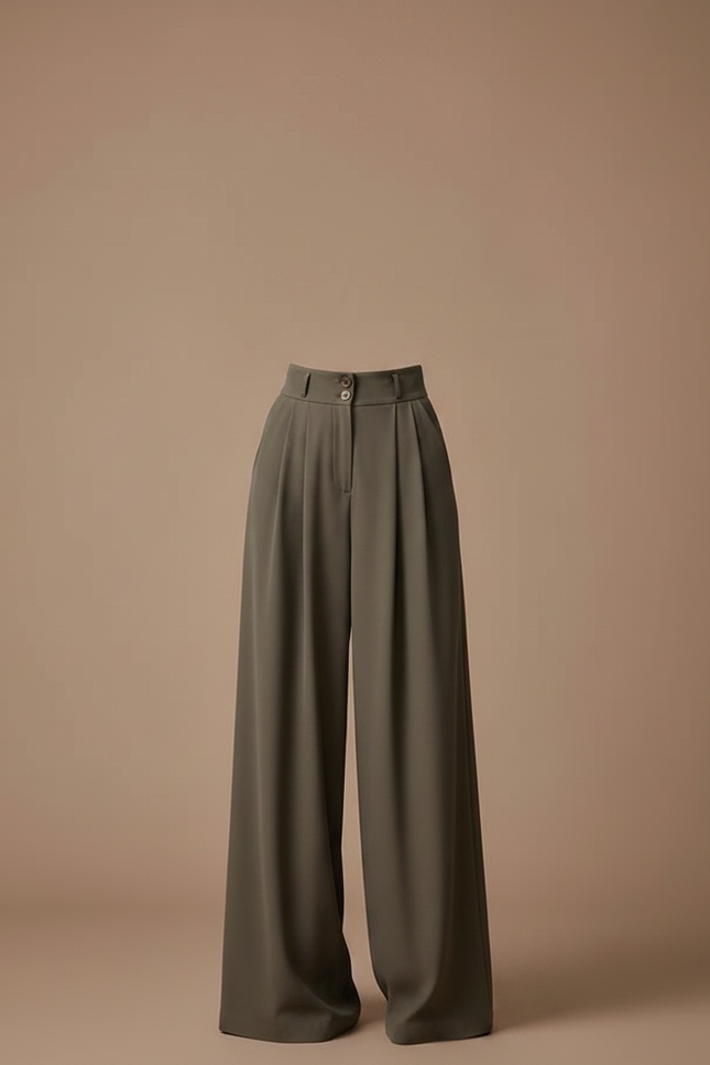 Pantalon Fluide Kaki Taille Haute Ample Élégant - Polyester - vue 3