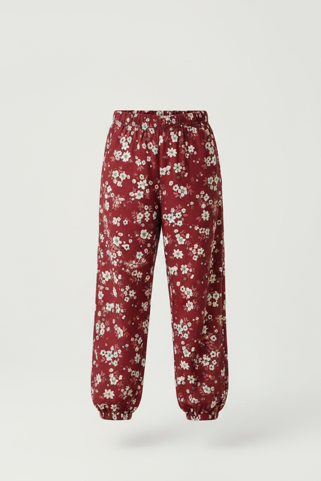 Pantalon Fluide Fille Fleuri Rouge Ample Confortable - Bordeaux Viscose - vue 3