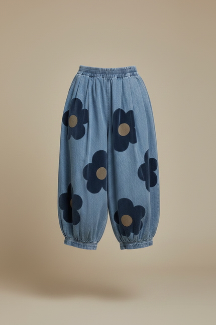 Pantalon Fluide Denim Ample Motifs Floraux Bleu - Jean - vue 3