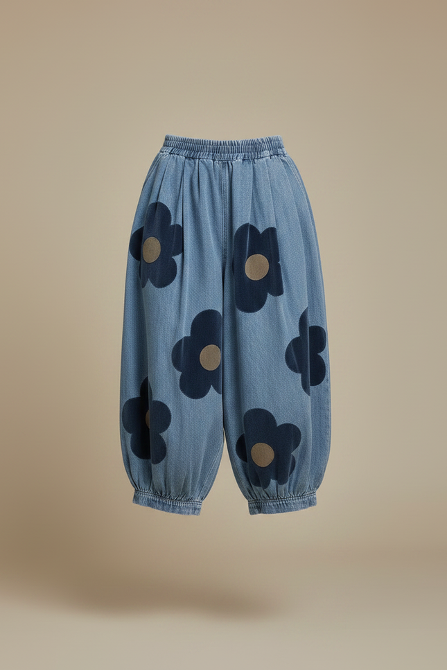 Pantalon Fluide Denim Ample Motifs Floraux Bleu - Jean - vue 3
