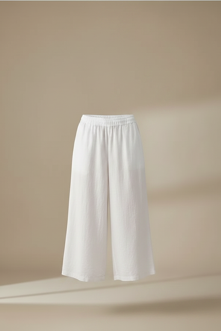 Pantalon Fluide Blanc Lin Ample Court Décontracté - vue 3