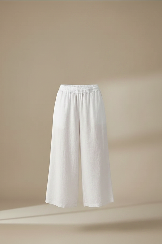 Pantalon Fluide Blanc Lin Ample Court Décontracté - vue 3