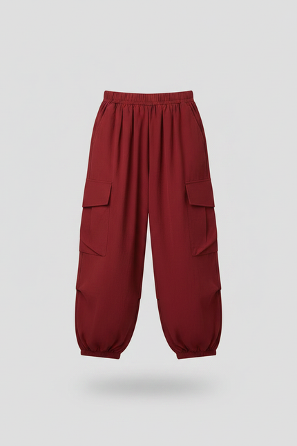 Pantalon Fluide Cargo Rouge Ample Décontracté Enfants - Bordeaux Coton - vue 3