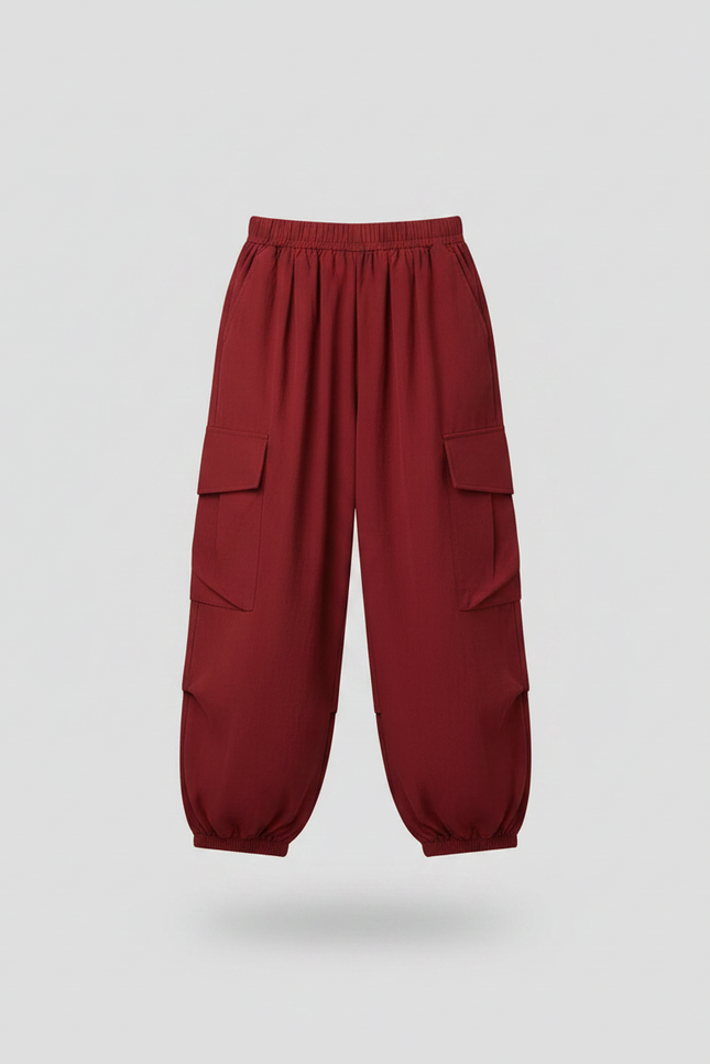 Pantalon Fluide Cargo Rouge Ample Décontracté Enfants - Bordeaux Coton - vue 3