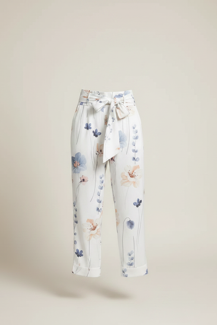 Pantalon Fluide Blanc Imprimé Floral Taille Haute Ceinturé - Viscose - vue 3