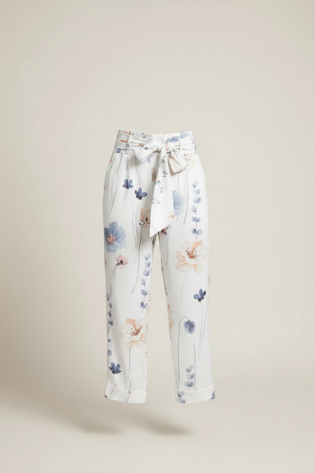 Pantalon Fluide Blanc Imprimé Floral Taille Haute Ceinturé - Viscose - vue 3