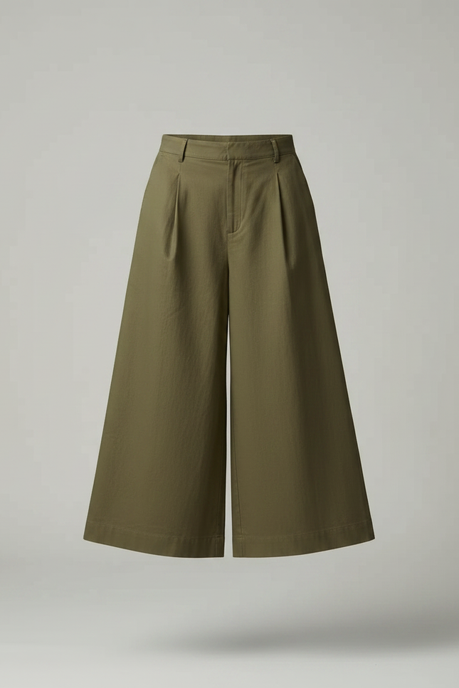 Pantalon Fluide Kaki Ample Décontracté Plissé Court - Toile - vue 3