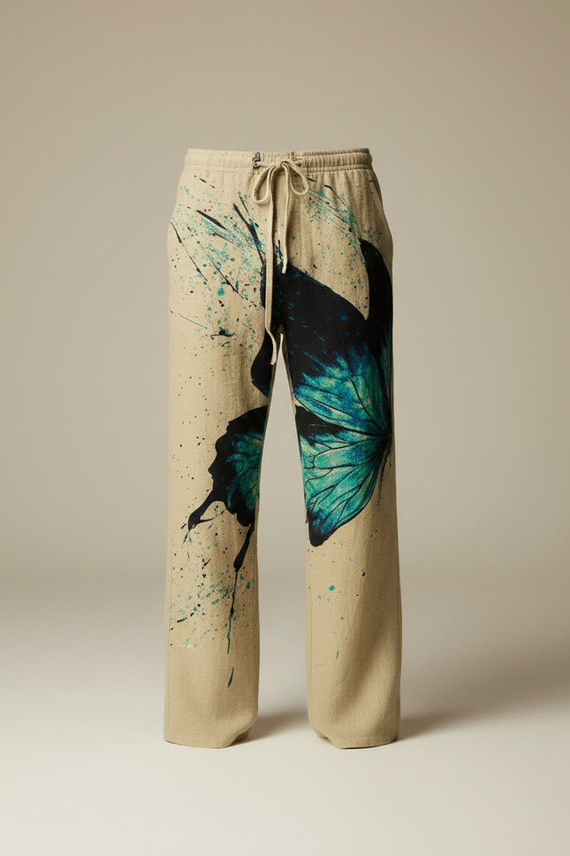 Pantalon Fluide Beige Papillon Bleu Décontracté Homme - Lin - vue 3